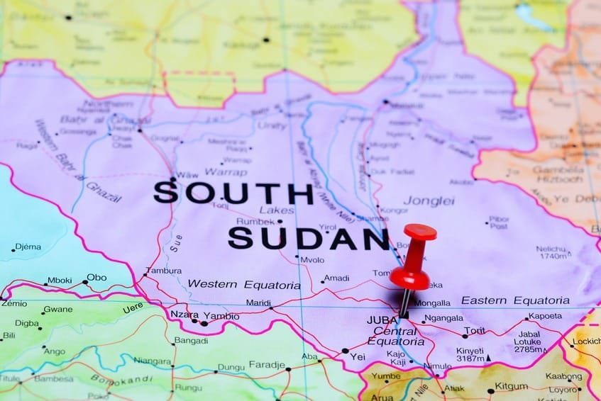 Une carte du Soudan du Sud avec une épingle sur Juba, la capitale