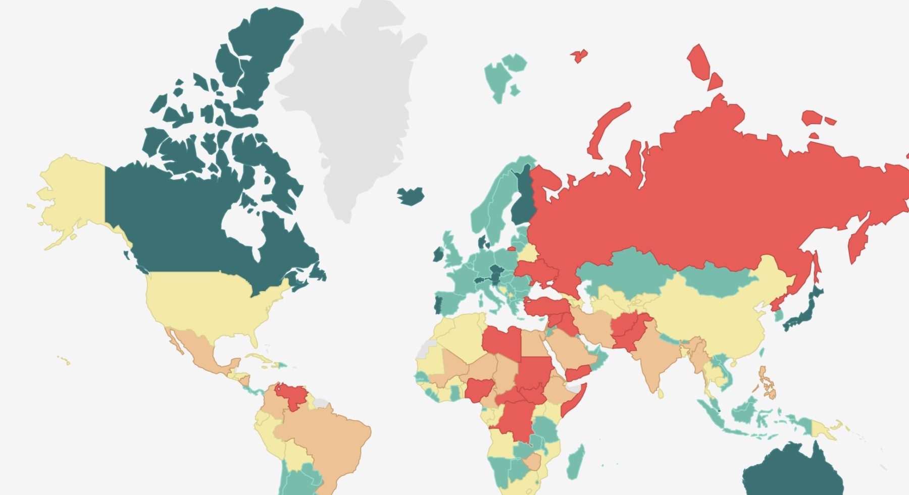 Une carte du monde des pays les plus pacifiques.