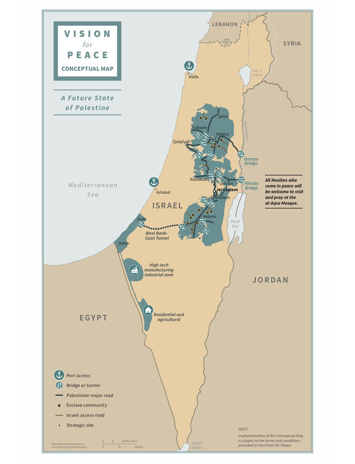 Carte présentant les frontières d'Israël et de la Palestine telles que proposées par le plan de paix de Donald Trump