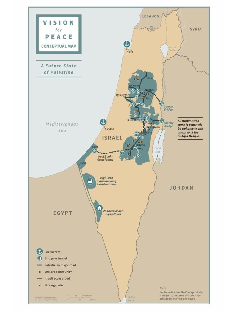 Carte présentant les frontières d'Israël et de la Palestine telles que proposées par le plan de paix de Donald Trump