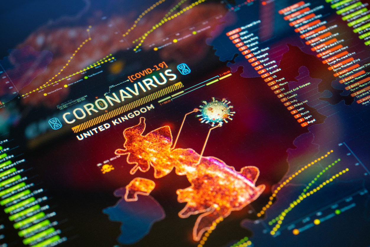 Épidémie de coronavirus (COVID-19) au Royaume-Uni Gros plan sur l'affichage numérique. Carte de quarantaine.