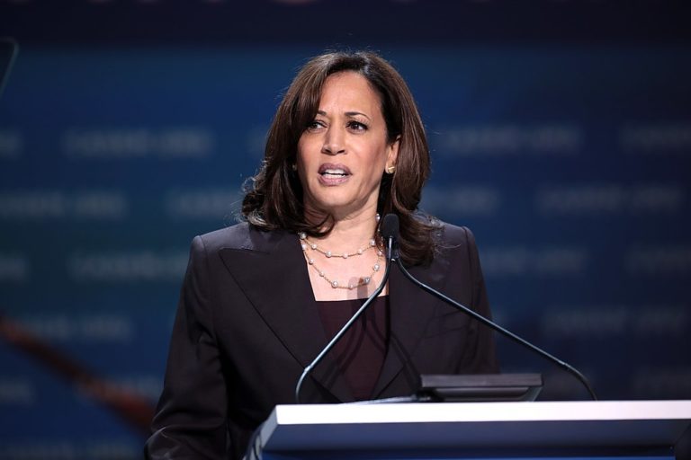 La sénatrice américaine Kamala Harris s'adressant aux participants de la Convention démocrate de l’Etat de Californie 2019 au George R. Moscone Convention Center à San Francisco, Californie.