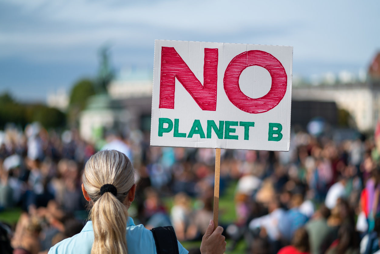 Une femme de dos tenant un pancarte “No planet B“ lors d'une manifestation pour le climat en 2019