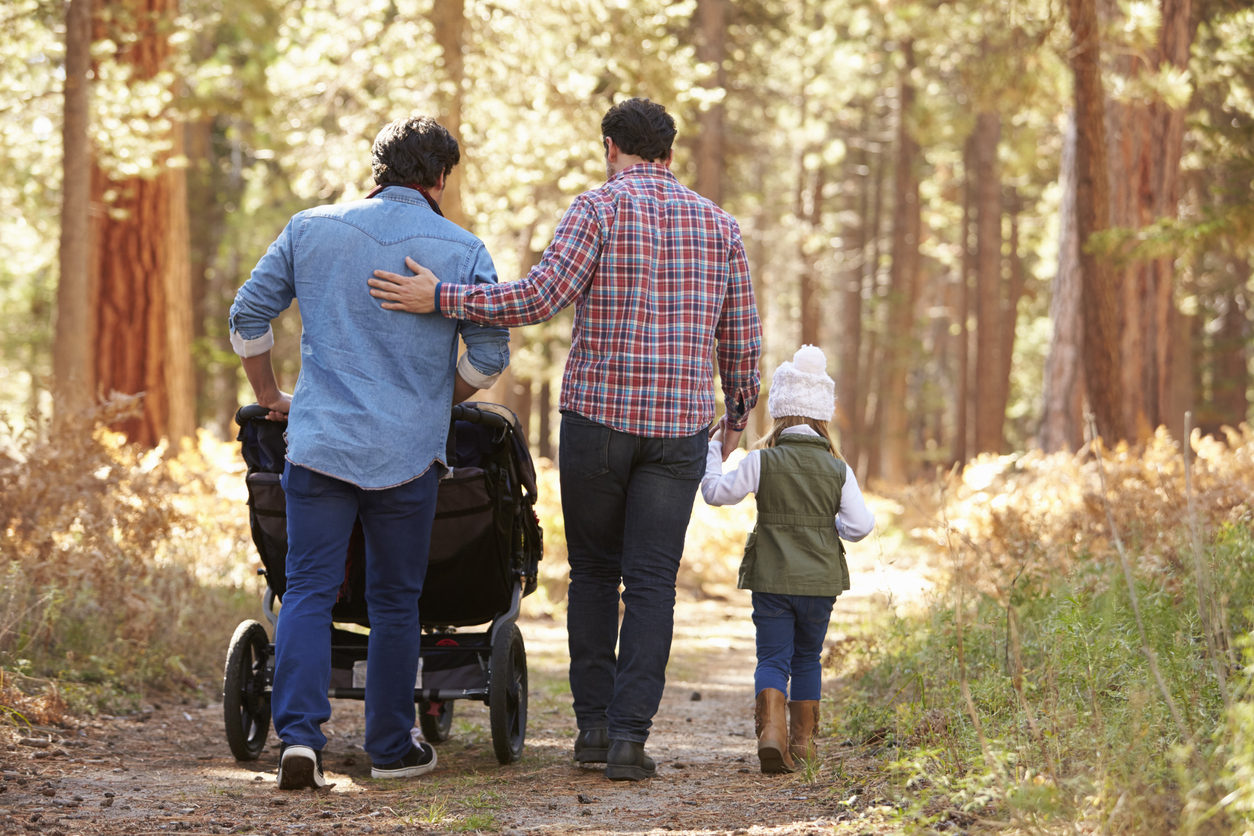 Un couple d'hommes se promenant avec une poussette et un enfant à travers une forêt