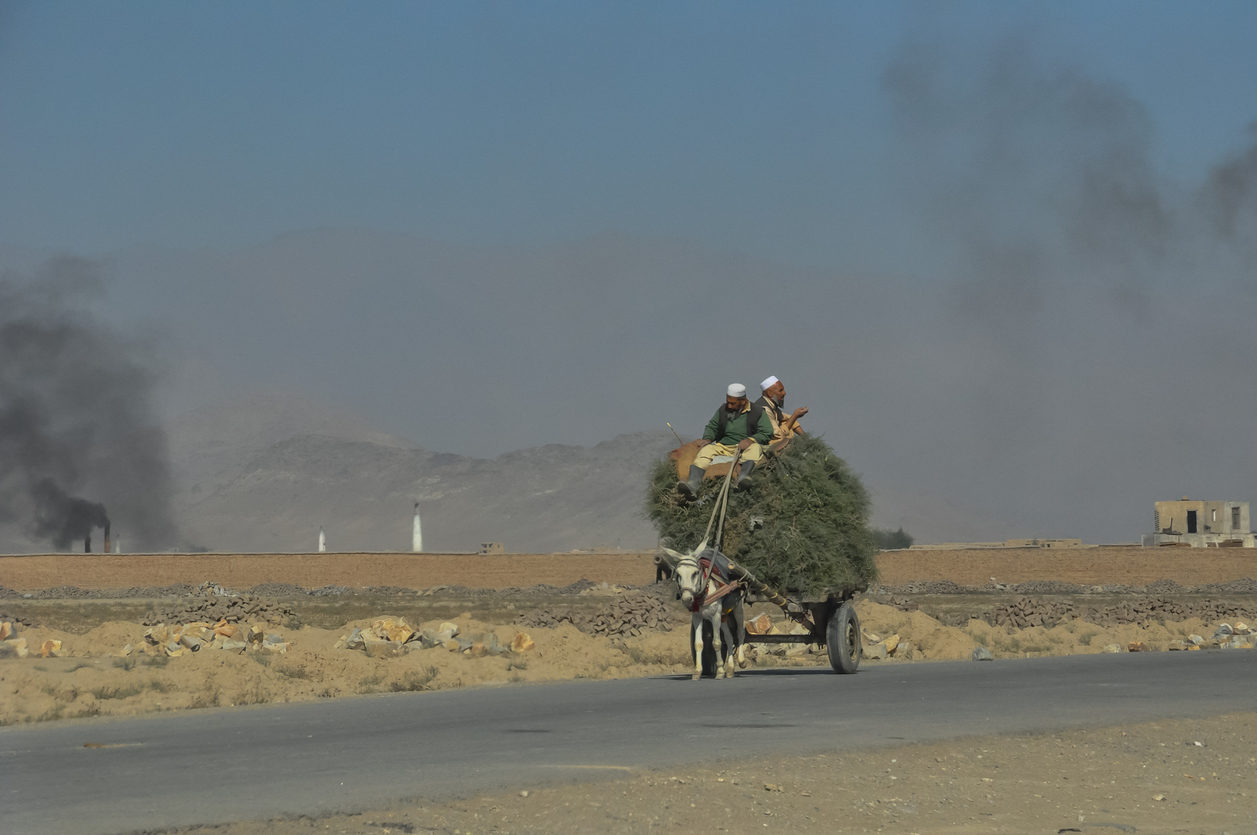 Des agriculteurs sur une charrette tirée par un âne, assis sur un tas de foin. Une fumée noire sort des usines de briques en arrière-plan, paysage afghan près de Kaboul