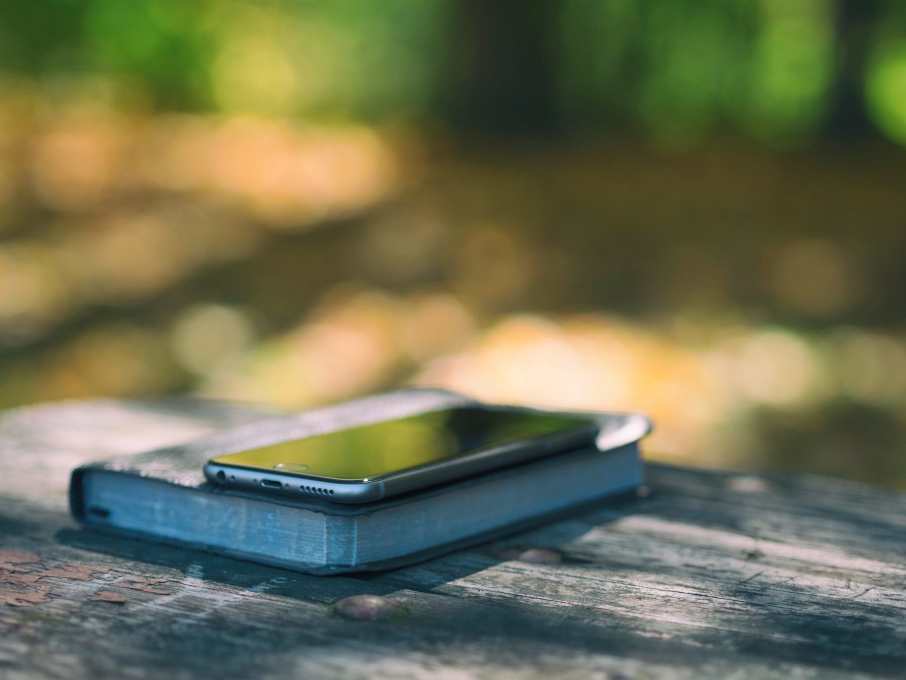 Sur un fond flou de verdure, un smartphone est posé sur un livre noir