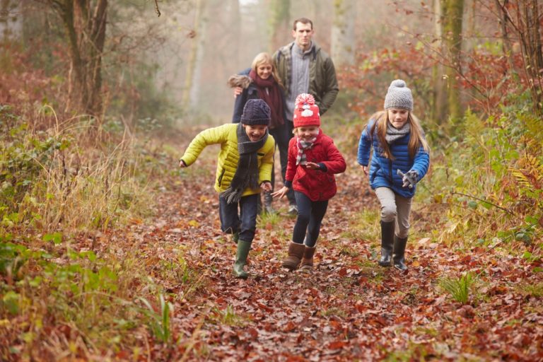 Famille se promenant en forêt