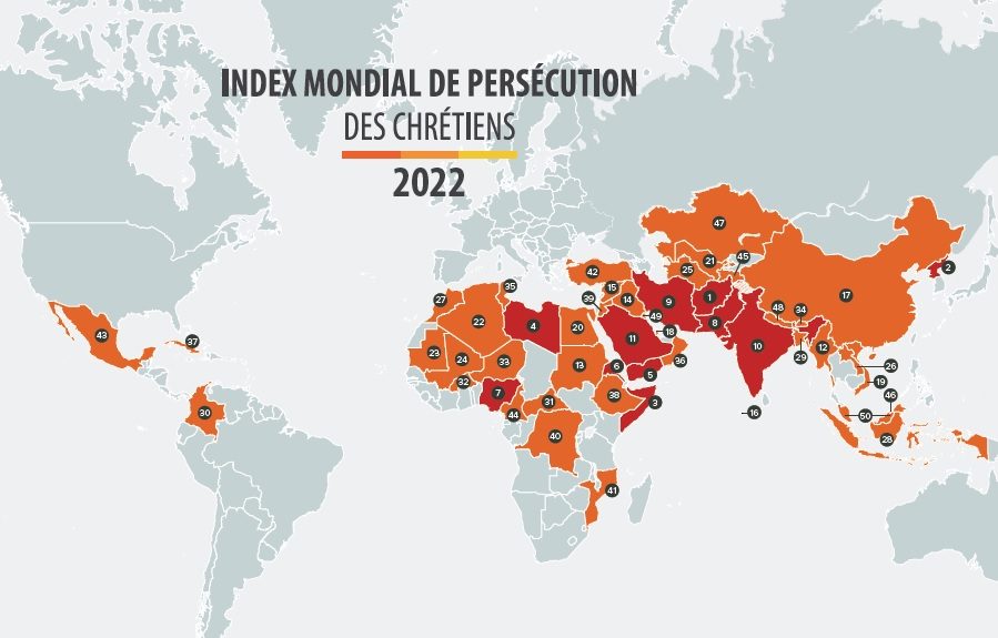 Carte de persécution des chrétiens. Les ays où les chrétiens sont les plus persécutés apparaissent en couleurs vivent. C'est notamment le cas en Afrique du nord et centrale, et en Asie du sud.