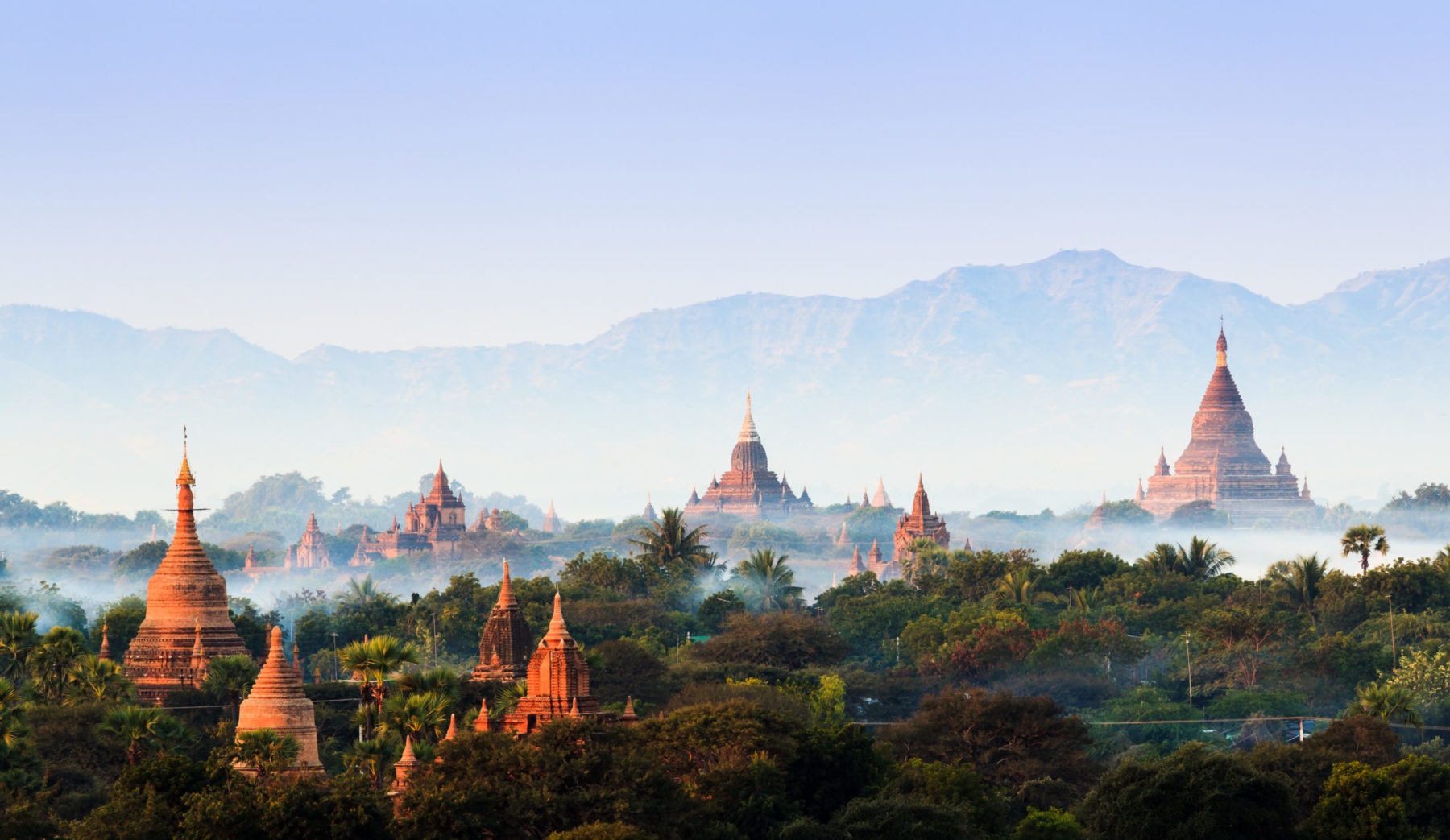 Paysage de Myanmar. Des toits de temples, en formes de dômes pointus s'élèvent au-dessus de forêts embrumées.