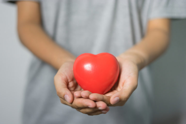 Une personne tient un objet en forme de coeur aux formes arrondies entre ses deux mains.