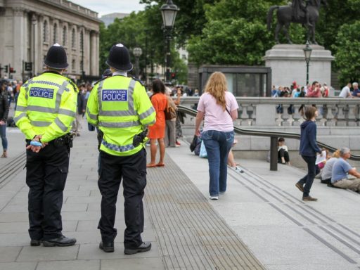 deux policiers anglais de dos avec des habits luminescents dans la rue