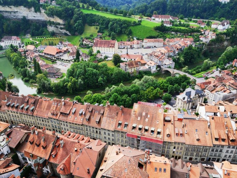 vue aérienne de la ville de Fribourg avec le toit des maisons et de la végétation au second plan