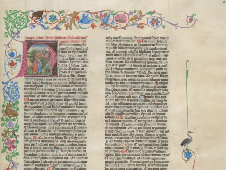 une page enluminée et manuscrite de la Bible Géante de Mayence