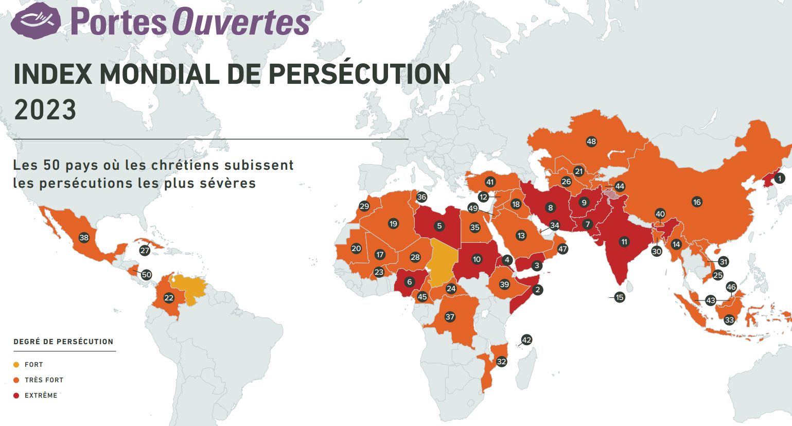 Carte avec les 50 pays où les chrétiens sont les plus persécutés