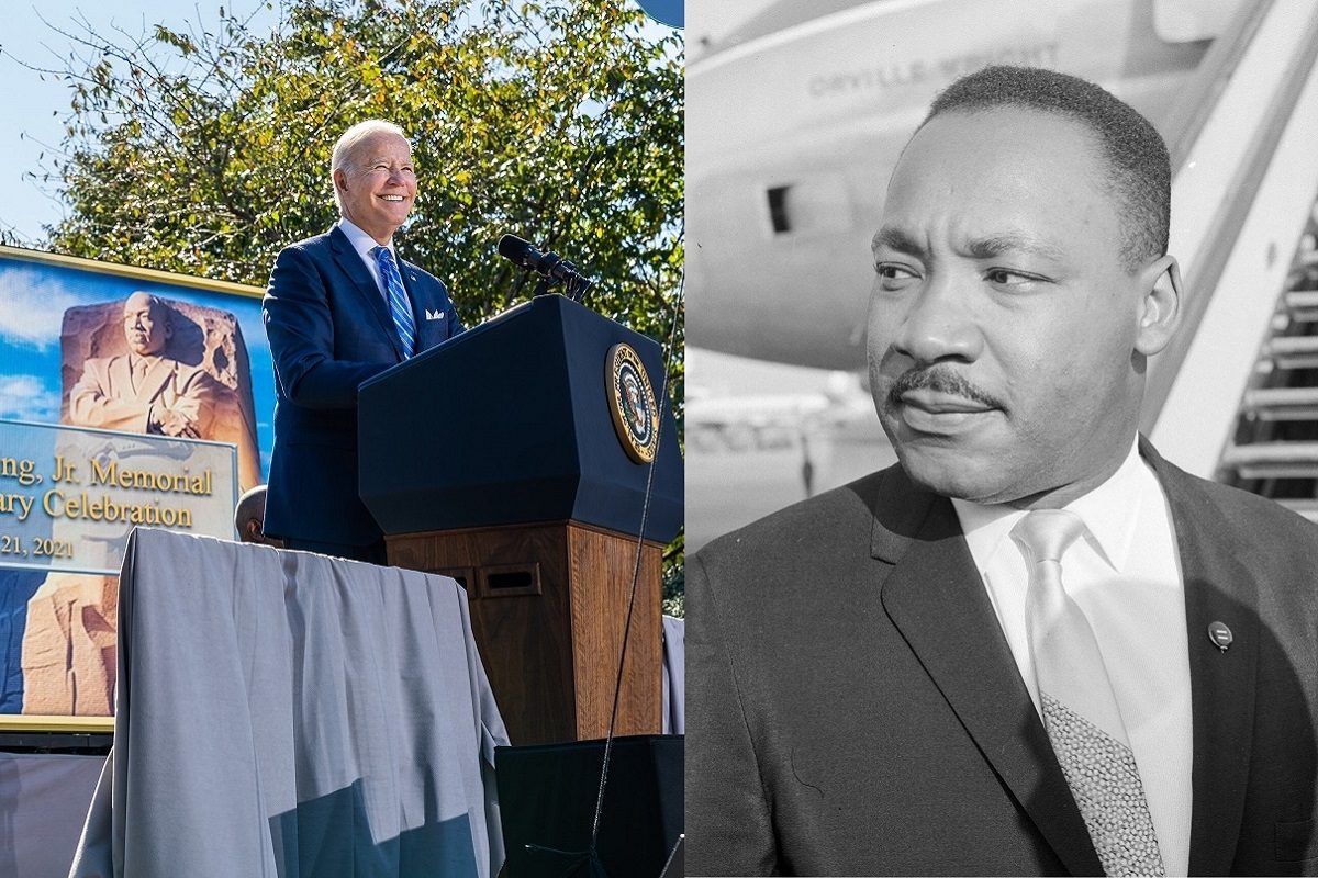 Montage photo où Joe Biden prononce un discours au Mémorial Martin Luther King