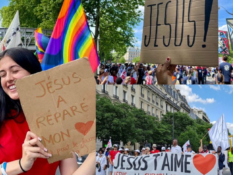 Montage de plusieurs photos avec des pancartes "Jésus a réparé mon coeur" et une bannière "Jésus t'aime"