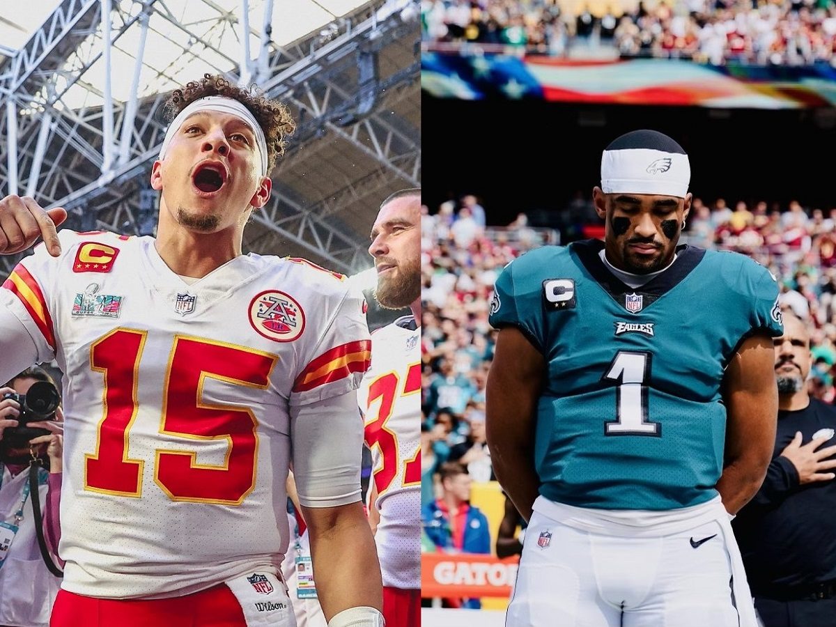 Montage photo avec Patrick Mahomes et Jalen Hurts, quaterbacks du Super Bowl 2023