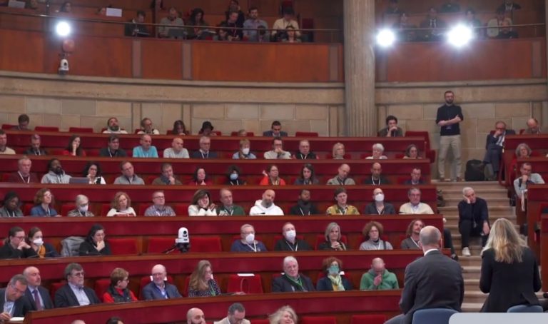 Une personne prend le micro dans un petit amphithéâtre rempli lors d'une séance de la Convention citoyenne sur la fin de vie.