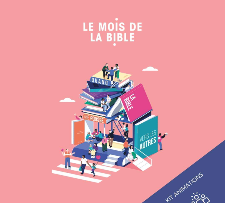 Affiche du Mois de la Bible. Ele représente une construction faite de livres, où plusieurs personnes évoluent comme s'il s'agissait d'un bâtiment