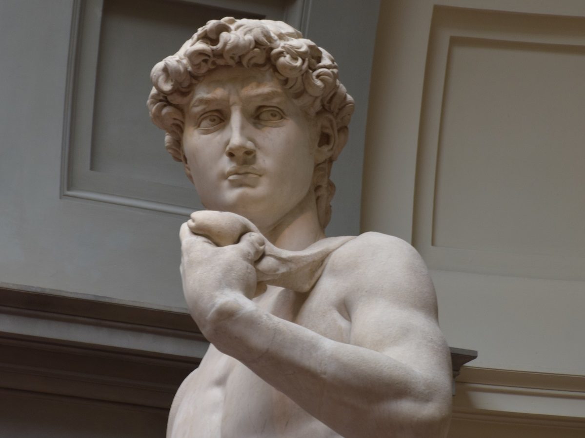 La statue représente David nu, fronde à la main, sur le point de combattre contre Goliath