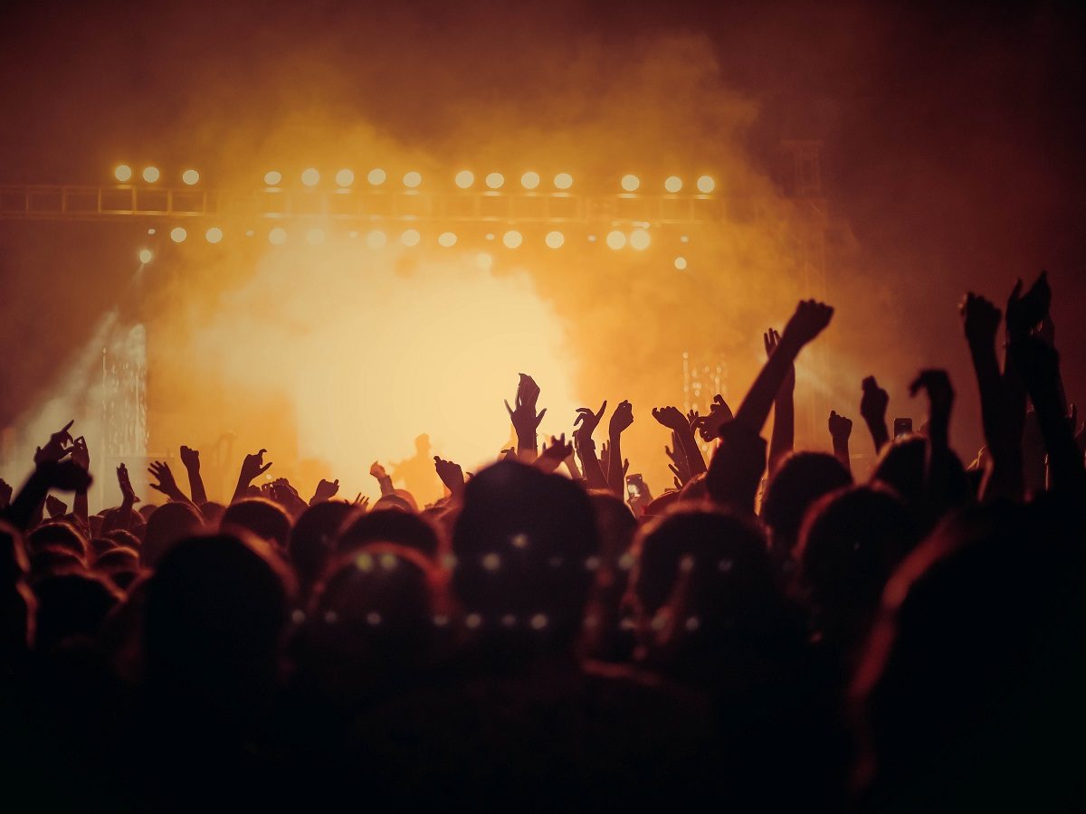 Des gens debout assistent à un concert avec des lumières et de la fumée