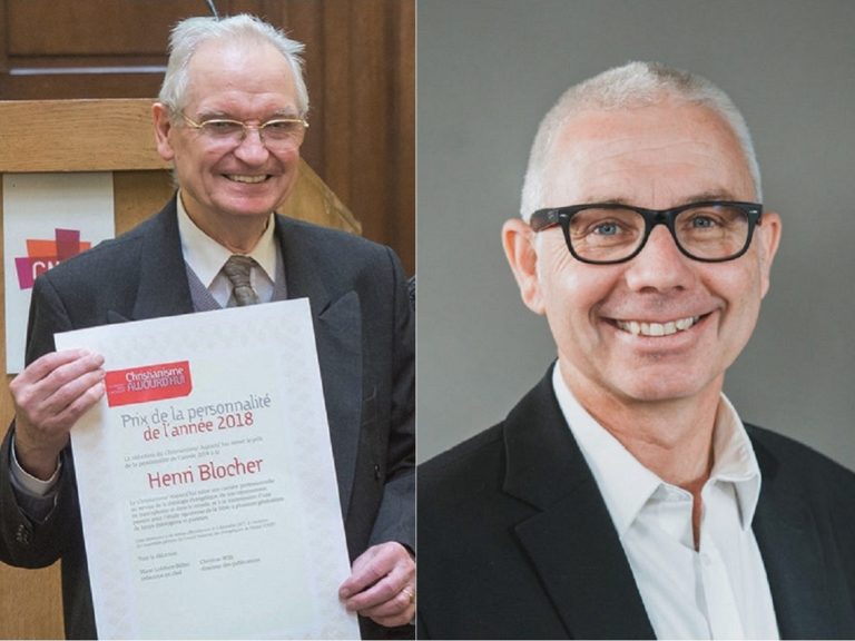 Montage photo avec le thélogien Henri Blocher, tenant son prix de la personnalité 2018 du Christianisme Aujourd'hui, et Michel Siegrist, professeur à la HET-PRO