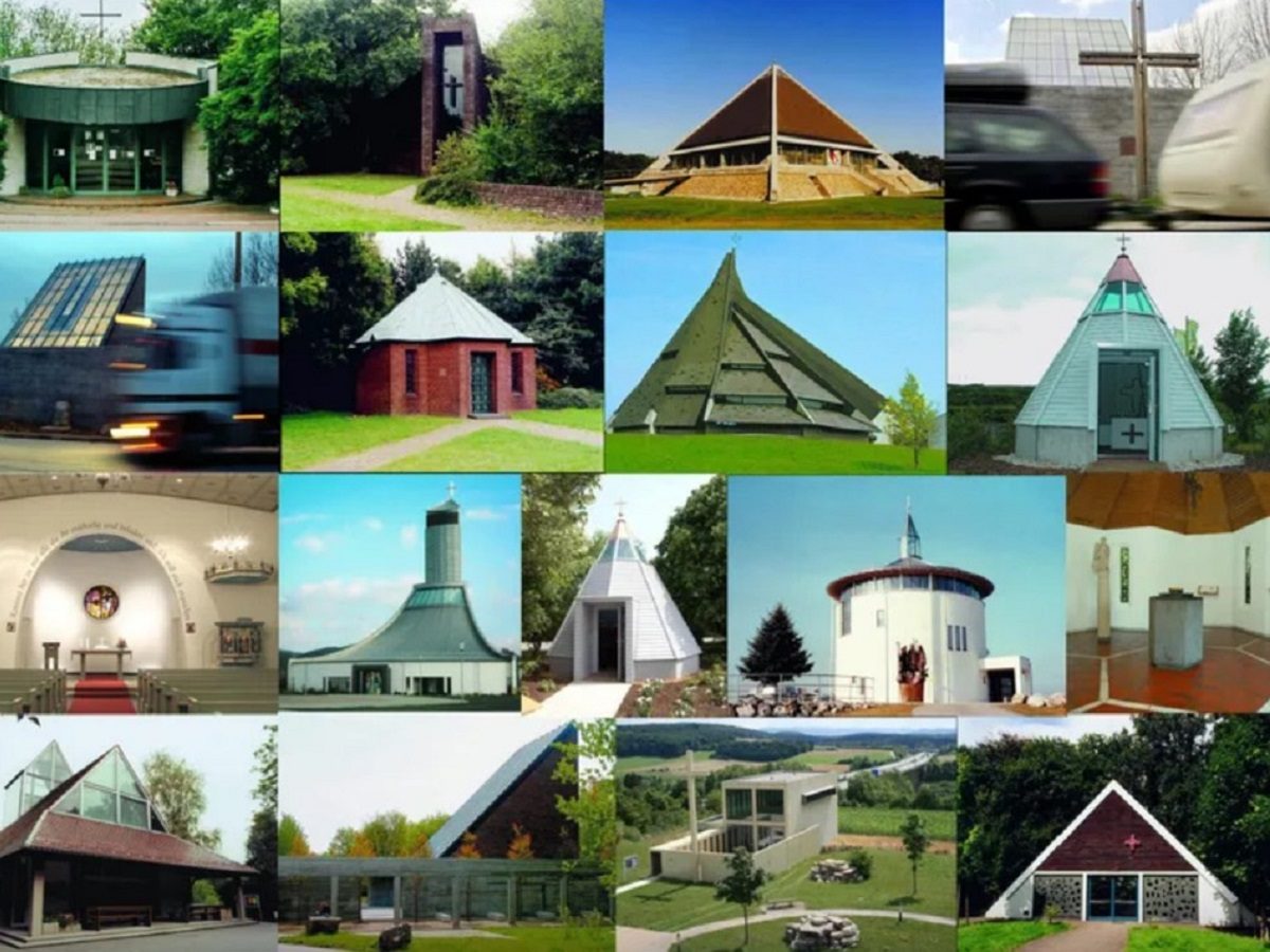 Un montage avec les photos de 16 Eglises et chapelles construites le long des autoroutes d'Allemagne