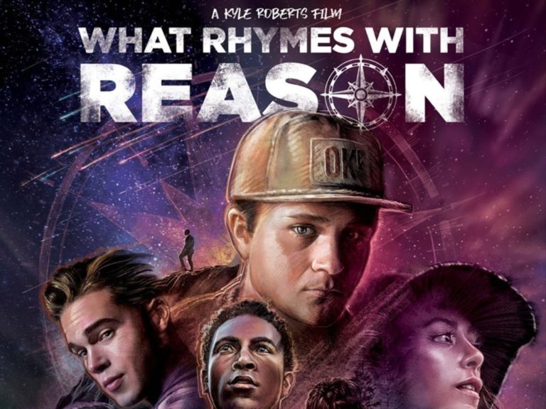 L'affiche du film What Rhymes with Reason montre six adolescents à l'aventure dans une forêt.