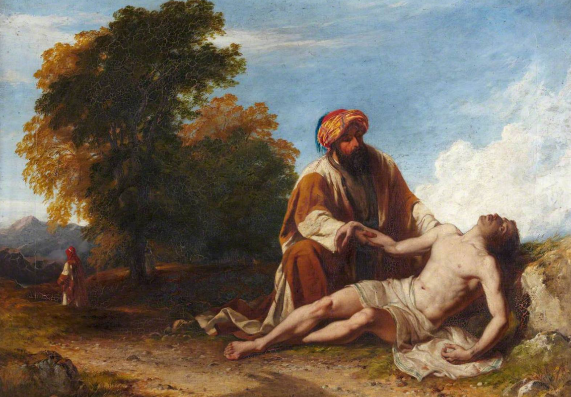 Peinture de John Adam Houston. Sur ce tableau, un personnage barbu aux vêtement amples, représentant le bon samaritain, tâche de relever un homme dévêtu et inconscient allongé sur le bord d'une route de campagne.