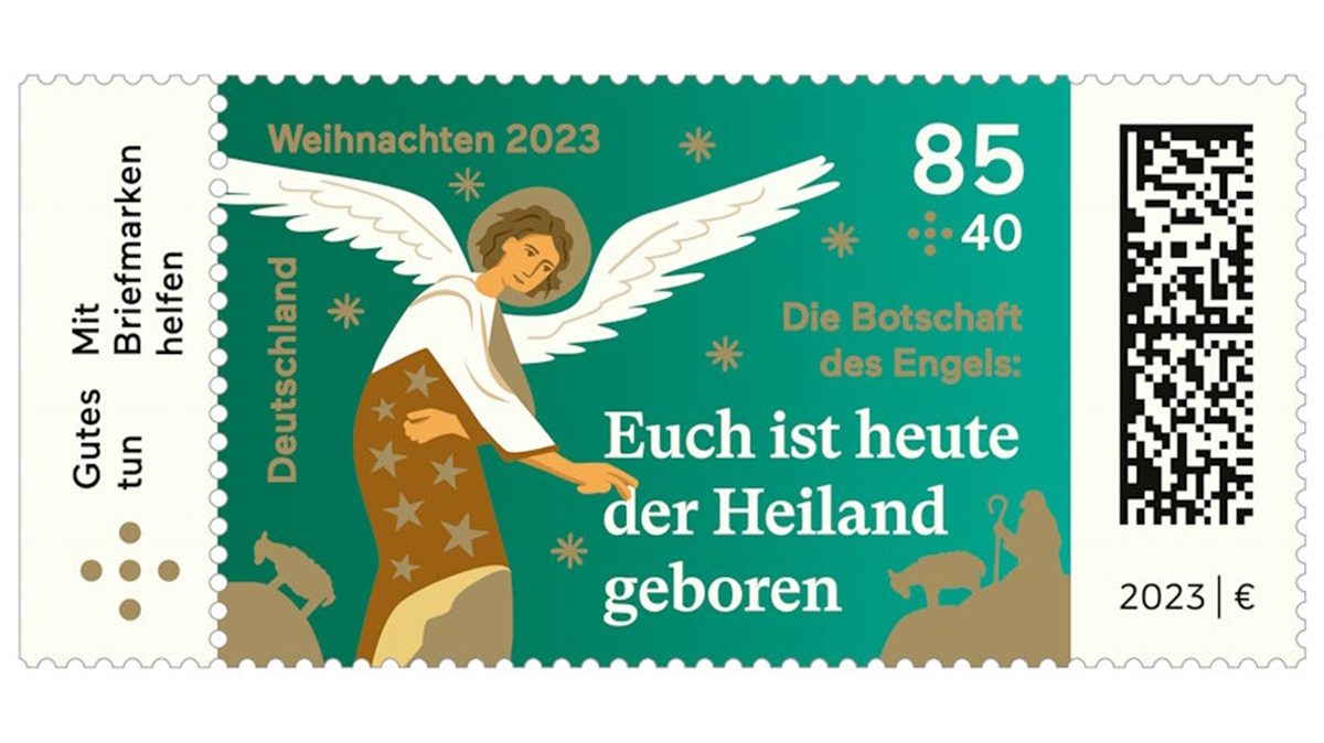 Le timbre de Noël allemand 2023 avec un ange et le message "Le Sauveur vous est né" adressé aux bergers