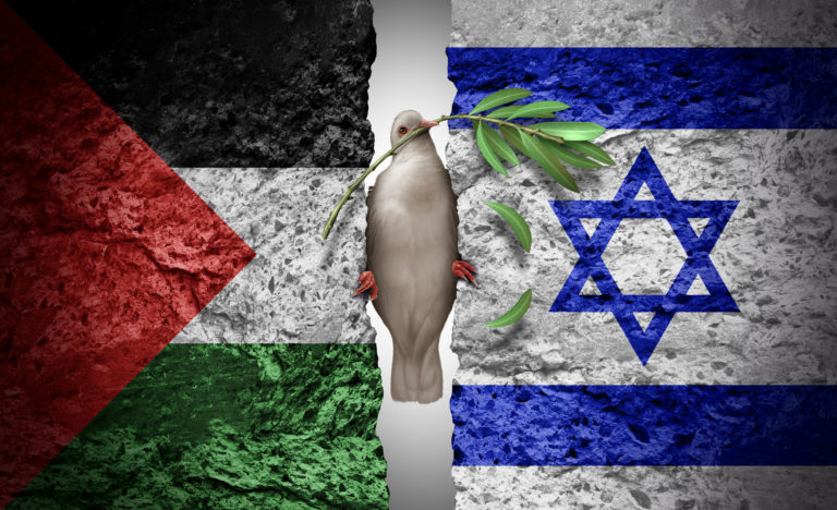 Une colombe coincée entre le drapeau palestinien et israelien