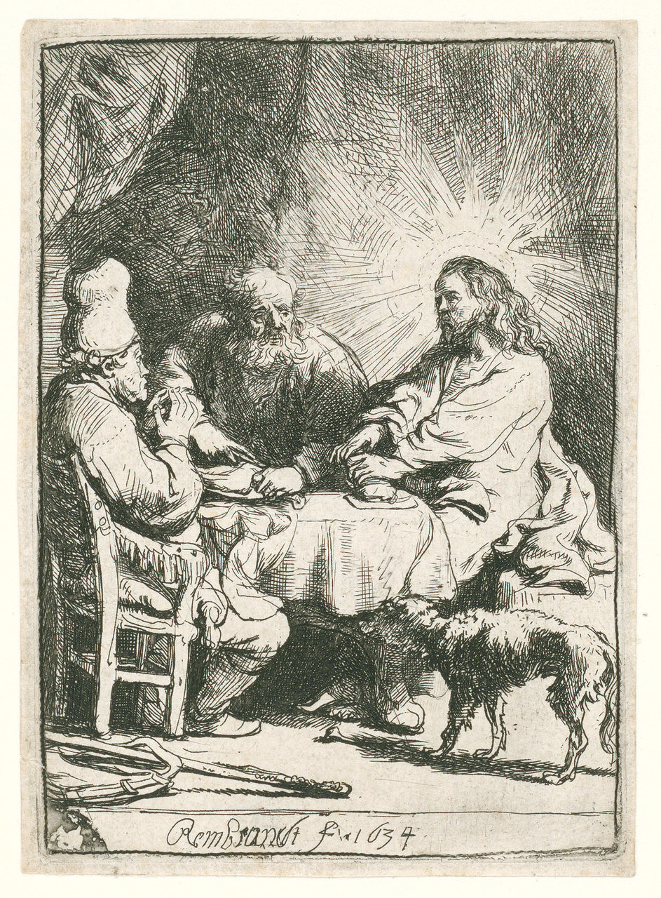 Gravure "Petites pèlerins d'Emmaüs" de Rembrandt. Jésus rompt du pain, à table avec deux pèlerins.