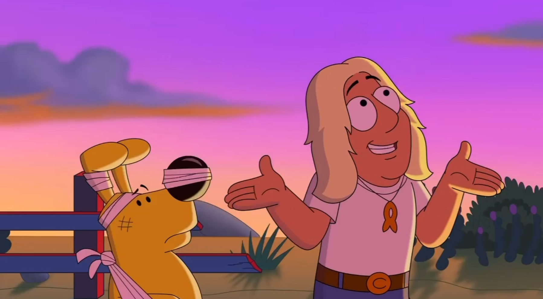 Les deux personnages du dessin animé, un chien jaune et un surfeur, sont debout côte à côte pendant un coucher de soleil. Le chien jaune est couvert de pansements.