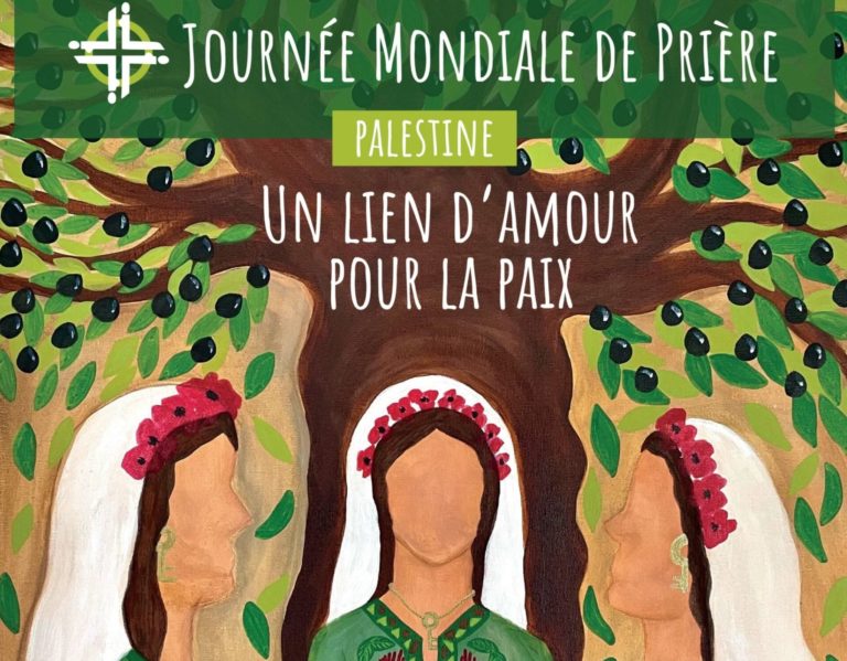 L'affiche de la JMP montre trois femmes peintes, sous un olivier, en prière