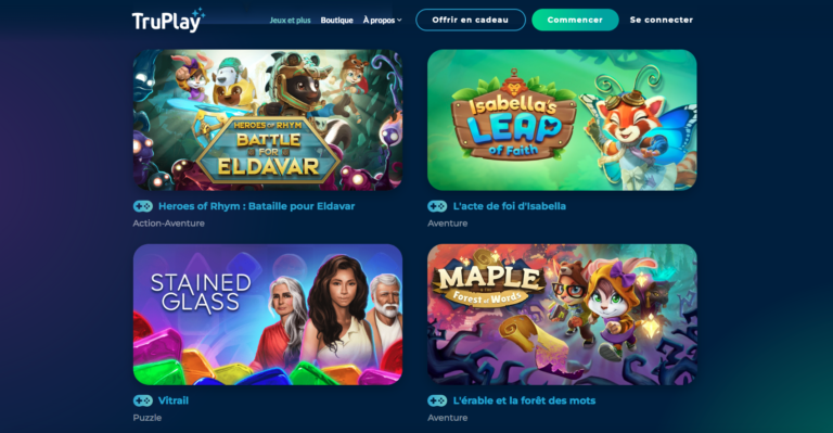 site internet de TruPlay Games, quatre visuel de jeux sont présentés