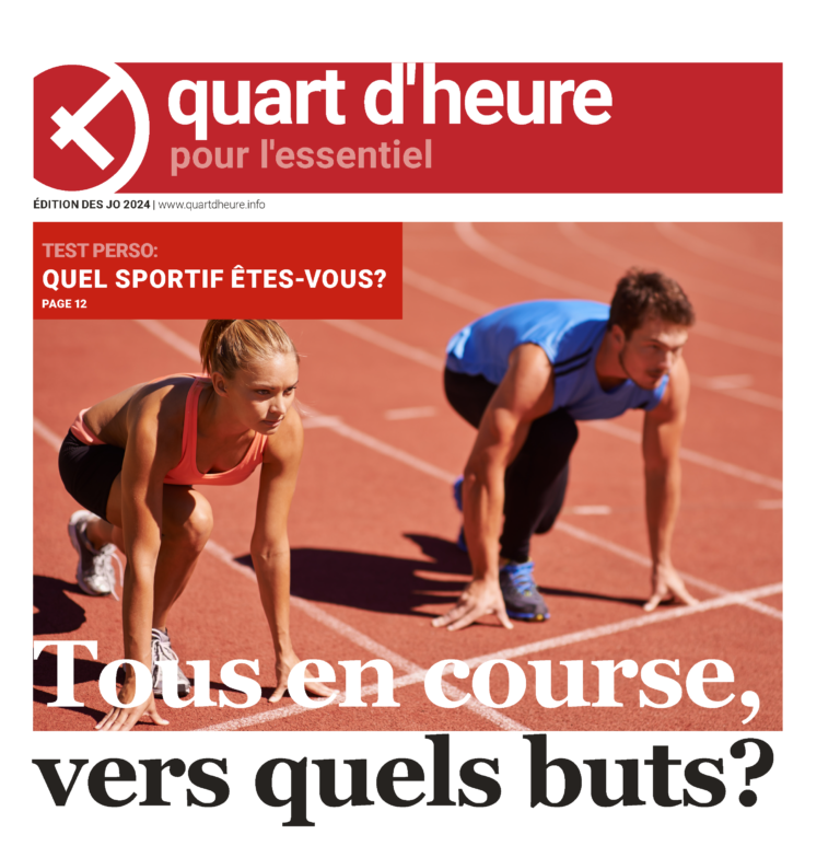 Photo de la Une prévue pour le Quart d'heure pour l'essentiel 2024. Le gros titre est: "Tous en course, vers quel but?" L'image montre deux coureurs dans un stade prêts à partir, un homme et une femme.