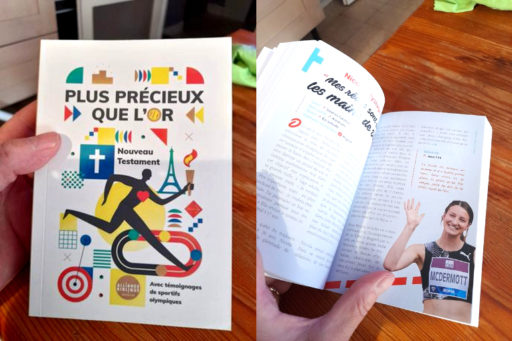 Montage de deux photos. A gauche, une personne tient dans sa main un exemplaire du nouveaux testament "plus précieux que l'or", avec sa couverture haute en couleur. A droite, un exemplaire est ouvert sur une page de témoignage d'une sportive.