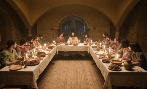 Image tirée de la saison 5 de The Chosen. Autour d'une table en forme de U, jésus mange avec ses disciples