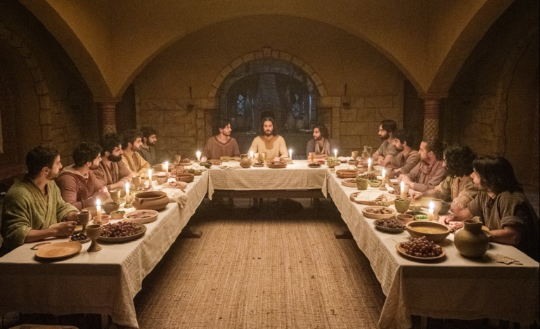 Image tirée de la saison 5 de The Chosen. Autour d'une table en forme de U, jésus mange avec ses disciples