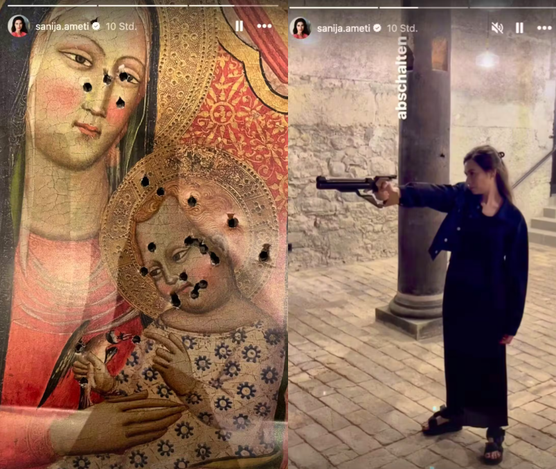 Deux captures d'écran Instagram du compte de Sanija Ameti. A droite, on voit une fresque représentant Marie et Jésus bébé. A gauche, on voit Sanija Ameli tenir une arme à feu.