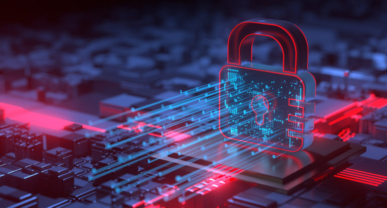 Un cadenas posé sur un circuit informatique est représenté avec des designs laser.