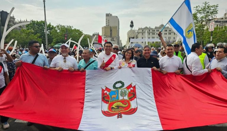 Des manifestants marchent en tenant un très grand drapeau du Pérou pour défendre la vie et la famille