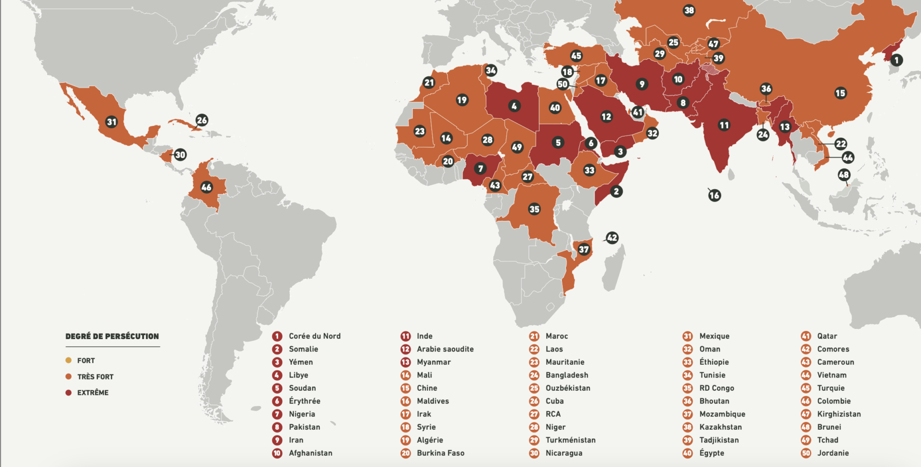 Carte du monde indiquant les pays figurant au classement