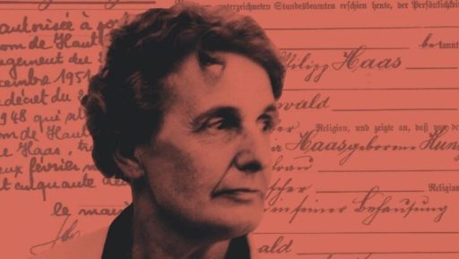 Dessin stylisé de Adélaïde Hautval, sur fond teinté rouge