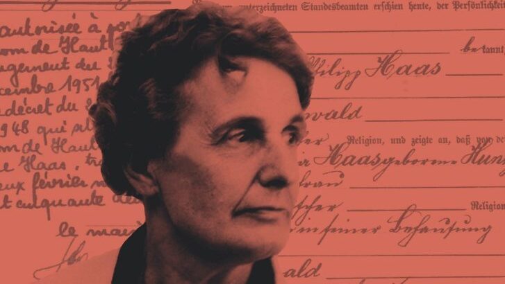 Dessin stylisé de Adélaïde Hautval, sur fond teinté rouge